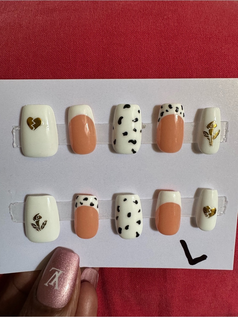 Nude, Black & White French Tip Press-On Nails with Gold Accents (Short Squoval)